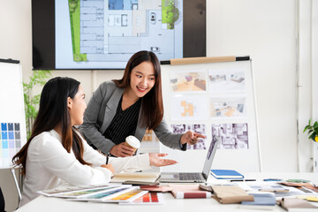 Architect designer Interior creative working drawing sketch plan  selection material color samples art tools Design Studio.Photo concept of work on technical drawings.material sample on creative desk.