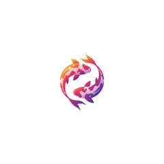 Elegant koi fish illustration swirling in a yin yang symbol with vibrant orange, red, and purple colors on a black backdrop.