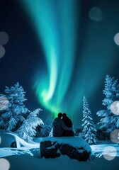 Couple Embracing Under Aurora Borealis in Snowy Forest