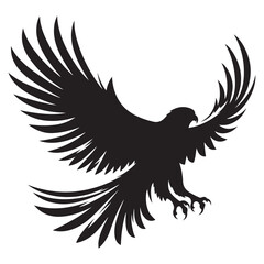 Bald Eagle black silhouette icon. American eagle wild bird of prey soaring. Falcon or hawk carnivore avian animal flight up vector outline illustration isolated on white