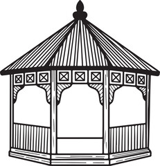 Ornate hexagonal gazebo silhouette with detailed roof and railings structure architecture