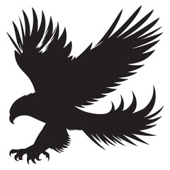 Bald Eagle black silhouette icon. American eagle wild bird of prey soaring. Falcon or hawk carnivore avian animal flight up vector outline illustration isolated on white