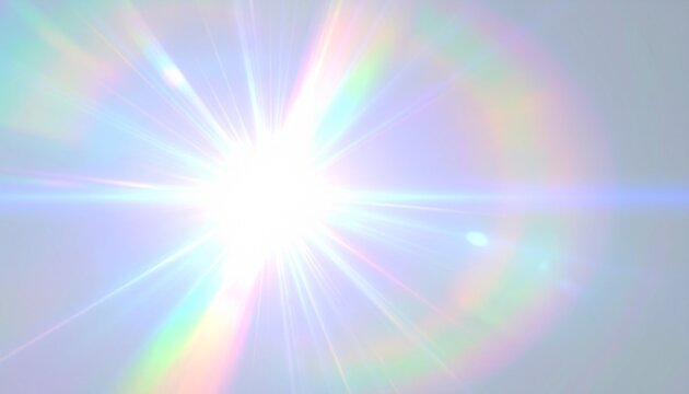 A bright, intense light source emitting rays and creating a lens flare effect with rainbow colors. - Powered by Adobe