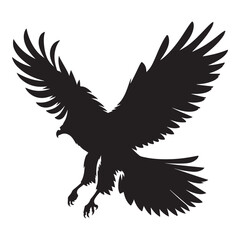 Bald Eagle black silhouette icon. American eagle wild bird of prey soaring. Falcon or hawk carnivore avian animal flight up vector outline illustration isolated on white