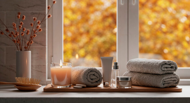 Spa essentials with towels and candles on window sill in autumn  
