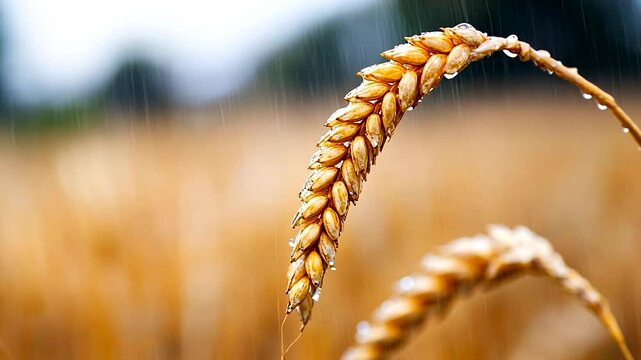 Close-up of wheat stalks in a field during a light rain. Water droplets are visible on the wheat kernels. The background is blurred but shows a field of golden wheat
