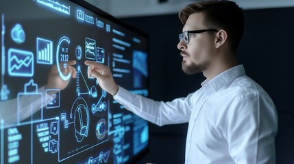 Manager analyzing AI-enhanced team performance data and personalized learning progress on a digital board with futuristic visual overlays and training icons.