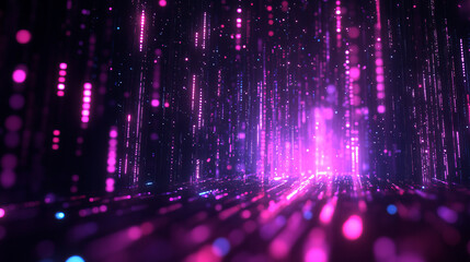 Abstract digital rain of vibrant purple and pink glowing particles