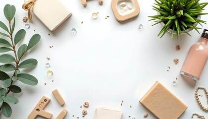 A minimalist arrangement of beauty and spa items on a white surface