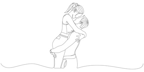Romantic Couple Embracing After Workout – One Line Drawing in Minimalist Style