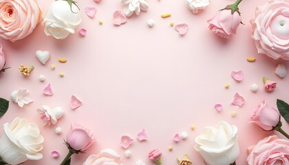 Lightpink backdrop featuring pink and white roses petals candies and heartshaped decor