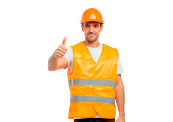 Construction worker giving thumbs up in safety gear on transparent background, PNG