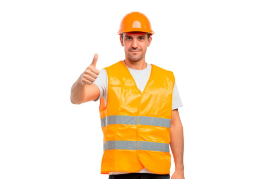 Construction worker giving thumbs up in safety gear on transparent background, PNG