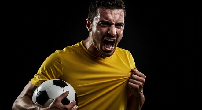Passionate Soccer Player in Yellow Jersey Screaming with Excitement, Holding a Ball Against Black Background - Powered by Adobe