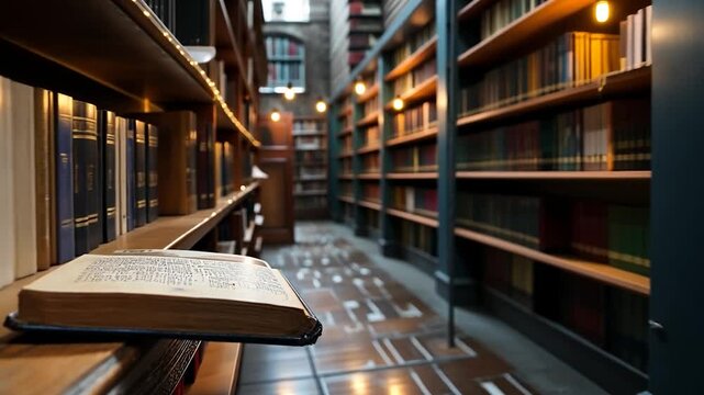 Open antique book on wooden shelf in dimly lit library, aged books lining shelves in background, selective focus, warm lighting, aged paper, vintage