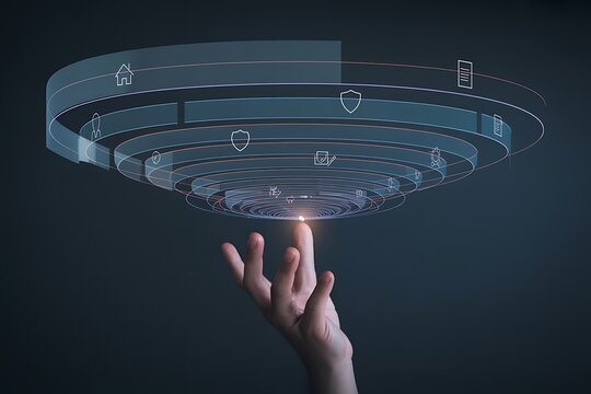Futuristic digital interface with icons and human hand technology data