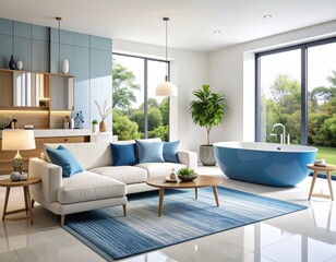 Modern Living Room: A spacious, open-plan living area and bathing area.