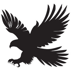 Bald Eagle black silhouette icon. American eagle wild bird of prey soaring. Falcon or hawk carnivore avian animal flight up vector outline illustration isolated on white