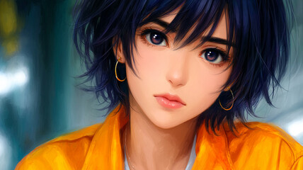 Anime Style Portrait of a Young Woman with Dark Hair and Big Eyes