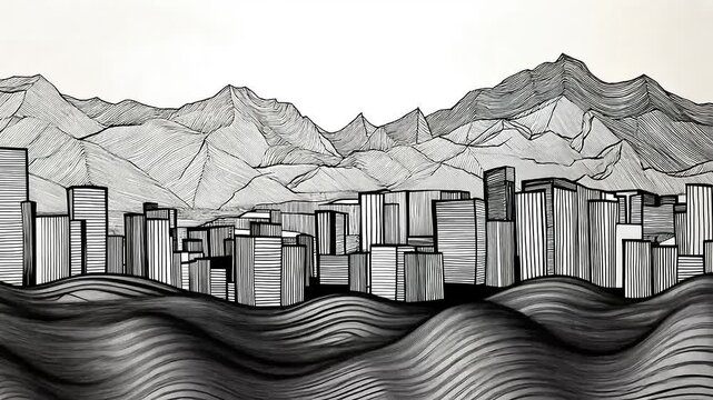Abstract city skyline with mountains in the background, showcasing artistic linework and waves
