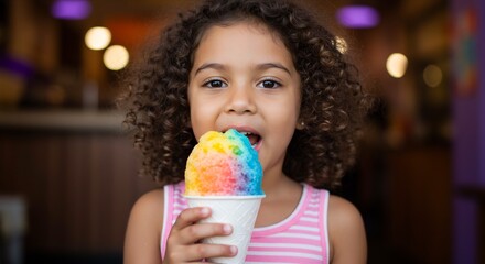 Naklejka premium Happy Little Girl with Curly Hair Enjoying a Rainbow Shaved Ice Treat in a Cafe