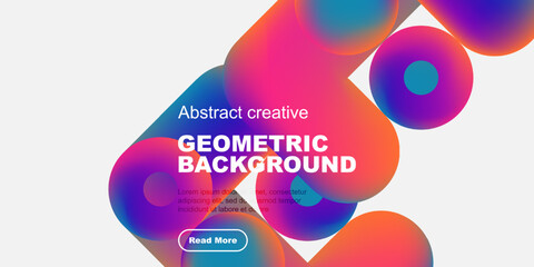 Obraz premium Vibrant abstract shapes overlap, creating colorful background. Text promotes creative design, includes call to action button.