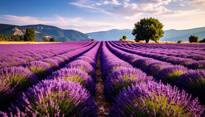 Fototapeta premium Rows of vibrant purple lavender flowers stretch across a field towards distant mountains under a bright blue sky.