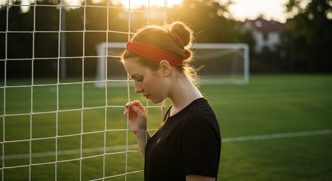 Pensive Young Female Soccer Player Leaning on Goal Net at Sunset, Feeling Discouraged After a Game - Powered by Adobe