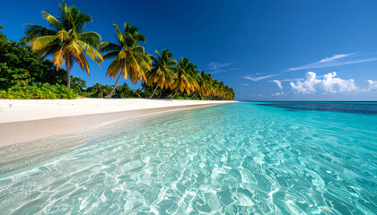 Fototapeta premium Idyllic tropical beach scene with pristine white sand, turquoise water, and a row of palm trees lining the shore under a vibrant blue sky.