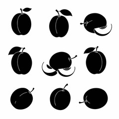 Set of black silhouette icons depicting whole plums, plums with leaves, and sliced plums on a white background.