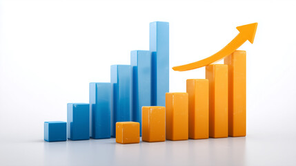 A 3D rendered bar graph showing increasing values, with blue bars transitioning to orange, and an orange arrow indicating upward trend. This image features a transparent background, making it versatil