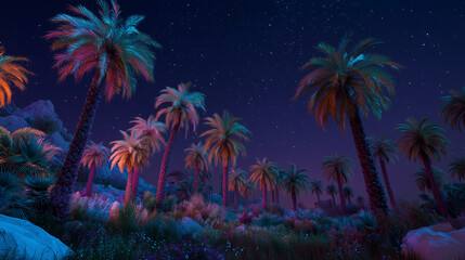 Enchanting fantasy illustration of a tranquil desert oasis illuminated by magical glowing palm trees beneath a star-filled night sky. Perfect backdrop for fantasy-themed games, stories, animations
