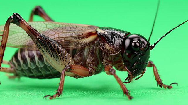 Detailed close-up of a brown cricket insect with prominent antennae and wings, isolated on a bright green background.