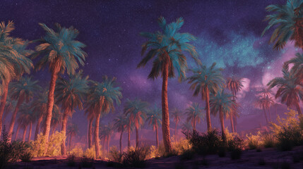 Enchanting fantasy illustration of a tranquil desert oasis illuminated by magical glowing palm trees beneath a star-filled night sky. Perfect backdrop for fantasy-themed games, stories, animations