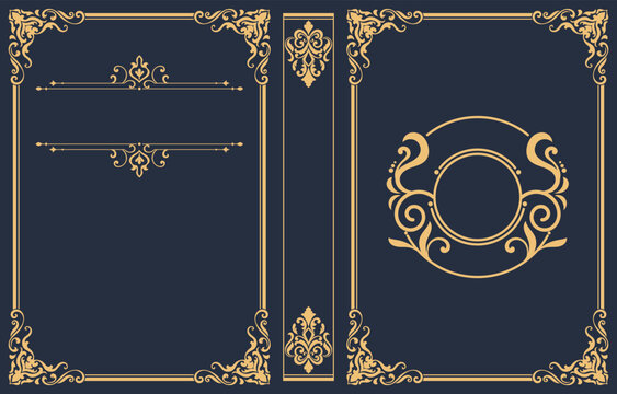 Decorative leather book cover and old vintage decorative frame. Royal Golden style design. Vintage border to print on book cover. Vector illustration.