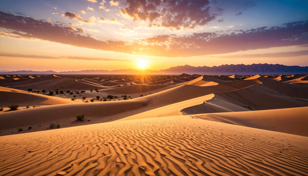 Golden sunset over vast desert landscape with rolling sand dunes and distant mountains under a dramatic sky.