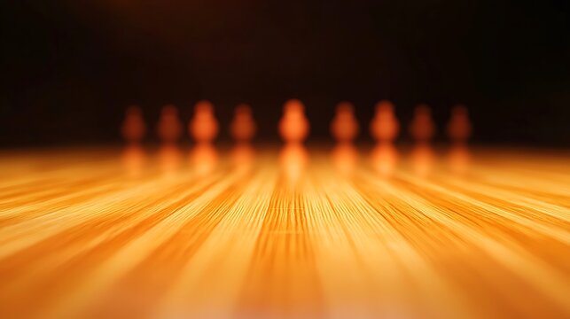 Blurred bowling pins lined up on a wooden lane under warm lighting