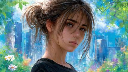 Portrait of a young woman with a ponytail against a cityscape backdrop