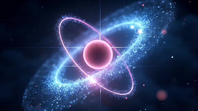 High-detail 3D rendering of a hydrogen atom with nucleus and orbiting electron trails, glowing with energy pulses on a dark grid background.
