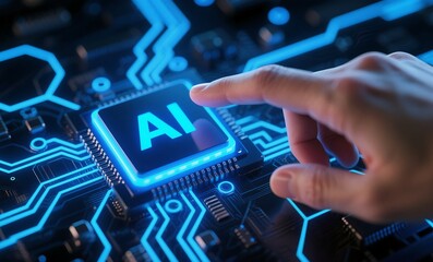 Artificial intelligence ai technology concept with hand touching cpu chip on circuit board design