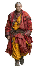 Fototapeta premium Serene monk in vibrant robes walking with confidence through a tranquil setting, embodying peace, wisdom, and spiritual presence in nature's embrace