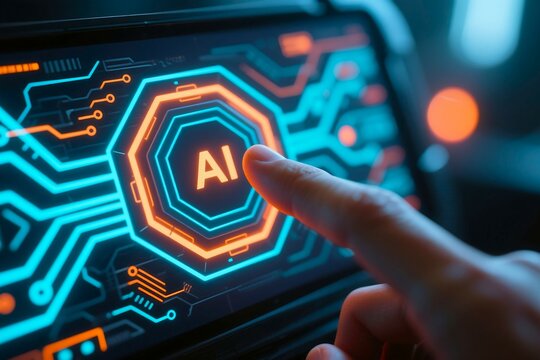 Exploring artificial intelligence ai technology with finger touch interface and digital circuit board design