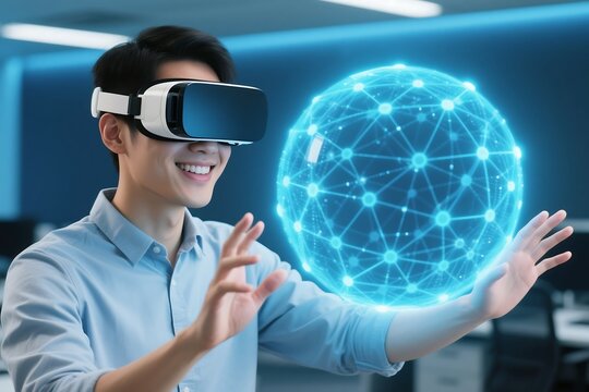 Asian man using virtual reality headset interacting with digital sphere vr ar metaverse technology experience