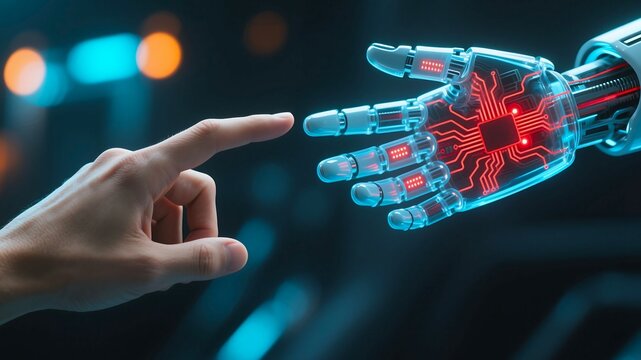 Human hand touching robot hand artificial intelligence ai technology future connection concept