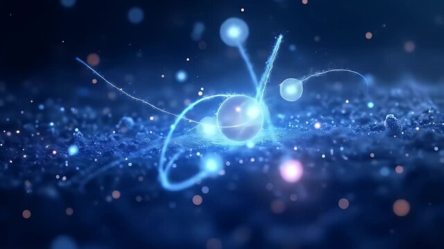 Visual representation of subatomic particles interacting in a glowing quantum field, with entanglement lines and motion trails, in a deep-space environment.
