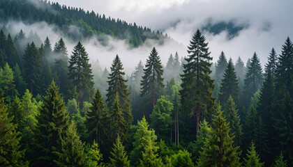 Obraz premium Dense evergreen forest with misty clouds covering the mountain range.