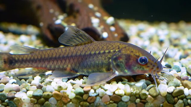 Close-up of a small freshwater fish on colorful gravel in an aquarium