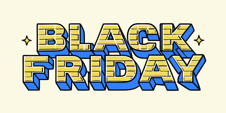 Bold and Colorful Black Friday Text Design with Geometric Shapes and Star Accents on a Cream Background