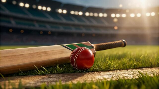 An exciting cricket match approaches with a bat and ball resting on the grassy pitch in the stadium, promising sporting prowess and thrilling action.