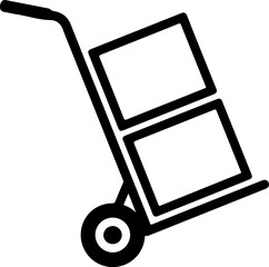 Black and white icon of a hand truck carrying two boxes